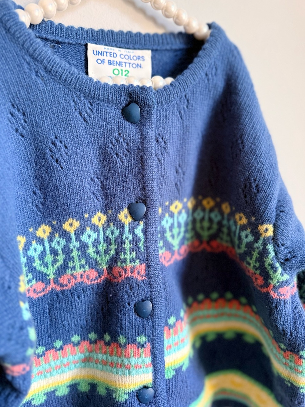 VTG 90s Benetton Kids 012 Heart Button Cardigan Wool Knit Floral Fair Isle Italy